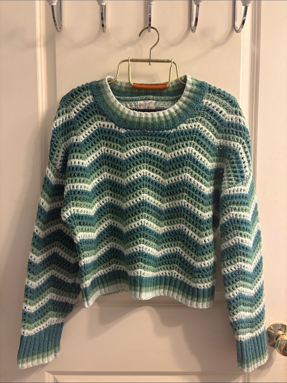 Hippie Rose Crocheted Wave Stripe Crewneck Sweater - Teal/Seafoam/White